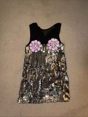 Nasty Gal Black Sequin Mini Dress with Pink Floral Appliqués
